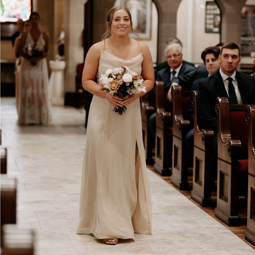 Cream bridesmaids dress size medium with slit